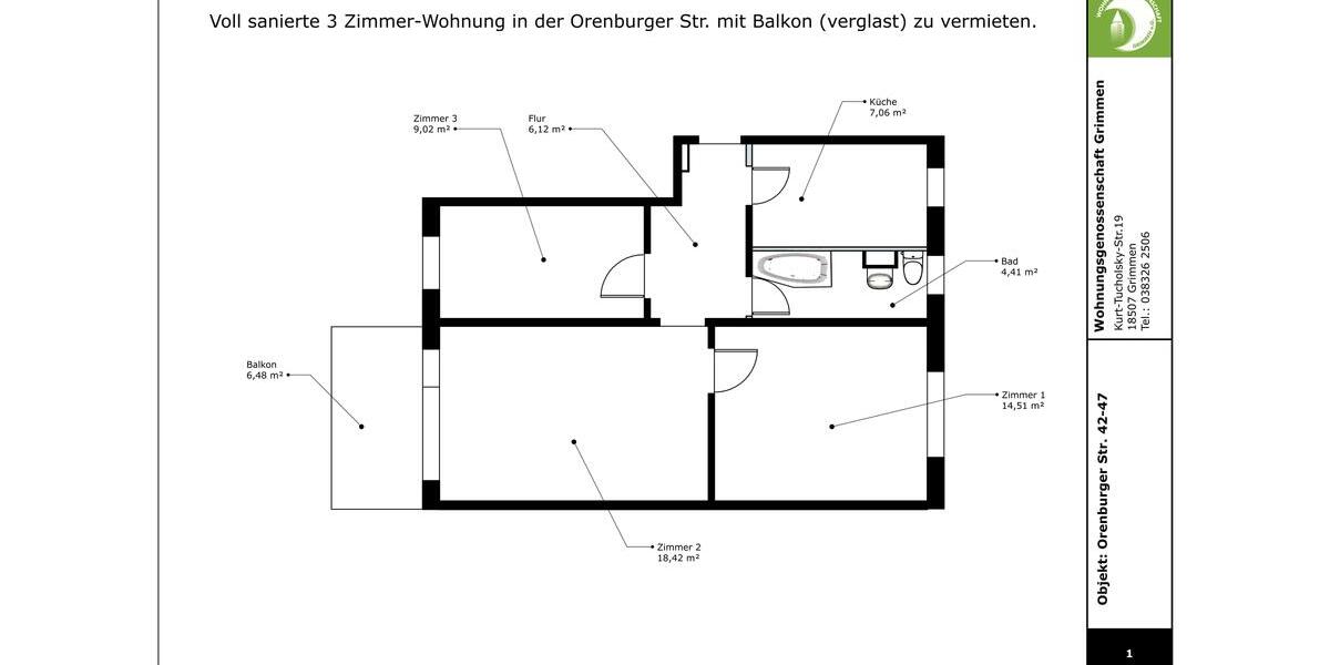 Etagenwohnung Grimmen - 2.5 Zimmer, 61 m&sup2;, 449&euro; | Angebot:23870359