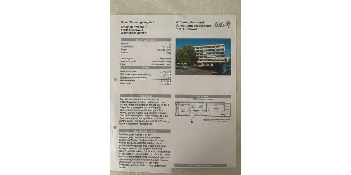 Etagenwohnung Greifswald - 2 Zimmer, 45 m&sup2;, 487&euro; | Angebot:25935622